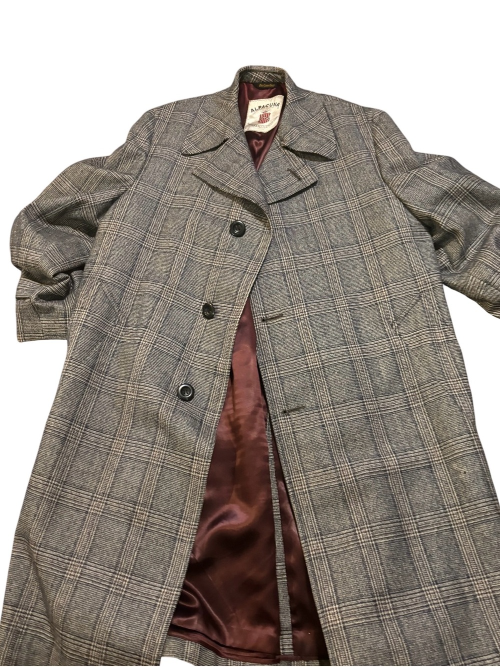 70s Vtg Plaid OverCoat Mens ALPACUNA Famous-Barr Alpaca Wool Blend Approx 46R - Picture 3 of 12